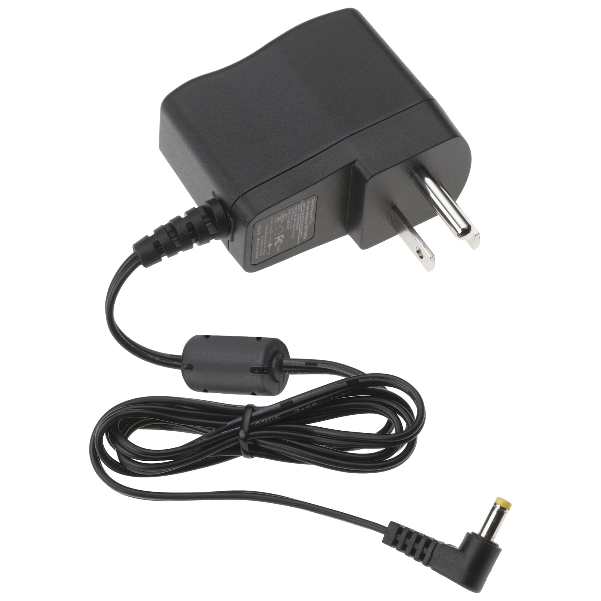 Black Delta AC power supply with wall plug prongs, cord, and barrel connector jack.