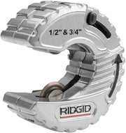 RIDGID C-style tubing cutter with metal housing, cutting wheel, and adjustment lever for 1/2" and 3/4" tubing.