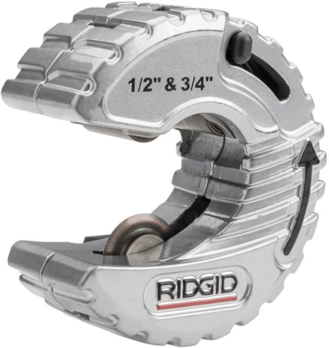 RIDGID C-style tubing cutter with metal housing, cutting wheel, and adjustment lever for 1/2" and 3/4" tubing.