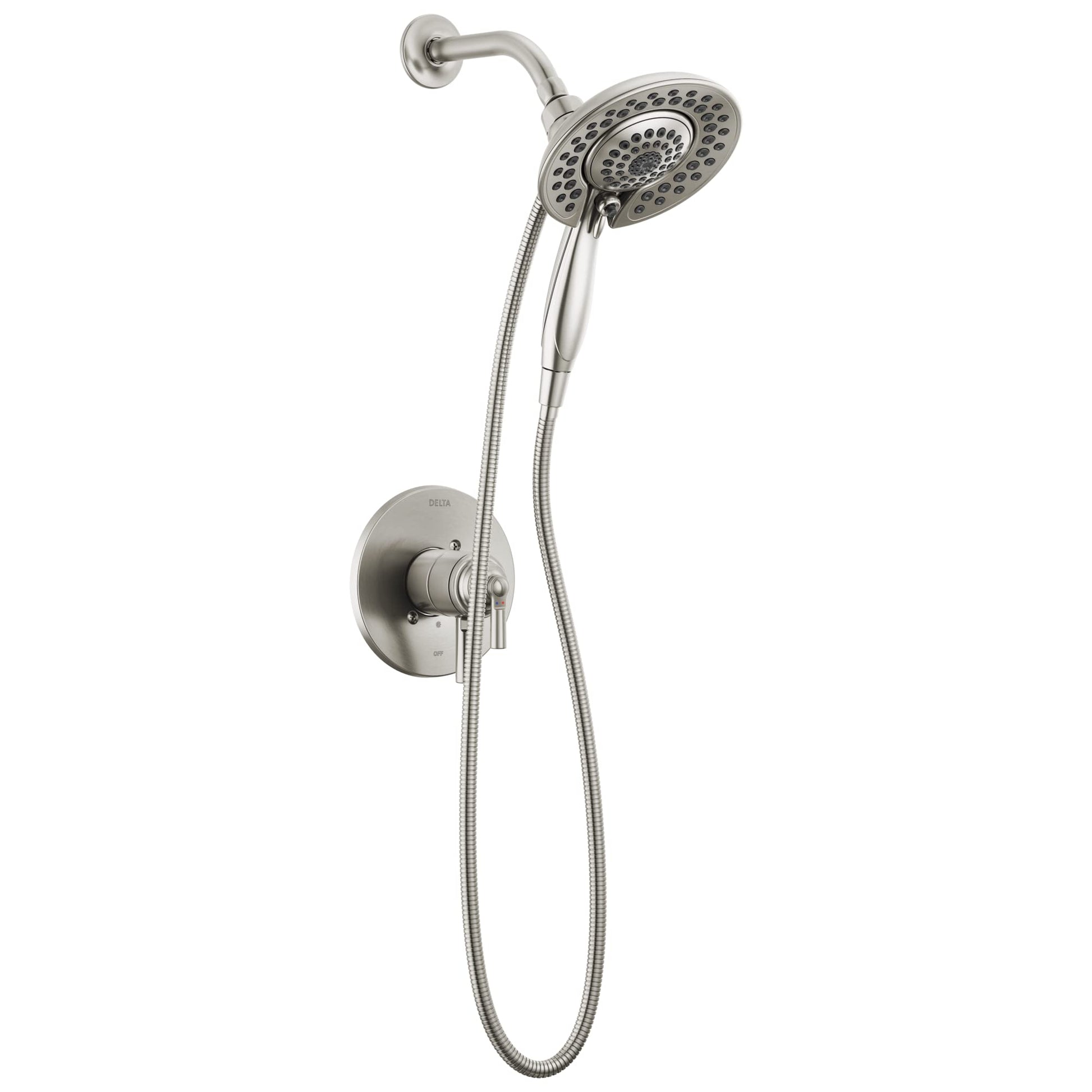 Chrome shower trim with dual showerhead and handheld spray wand connected by flexible hose to wall-mounted control valve.