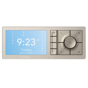 Terra beige digital shower controller with blue touchscreen display showing time and date, circular dial with power button, a