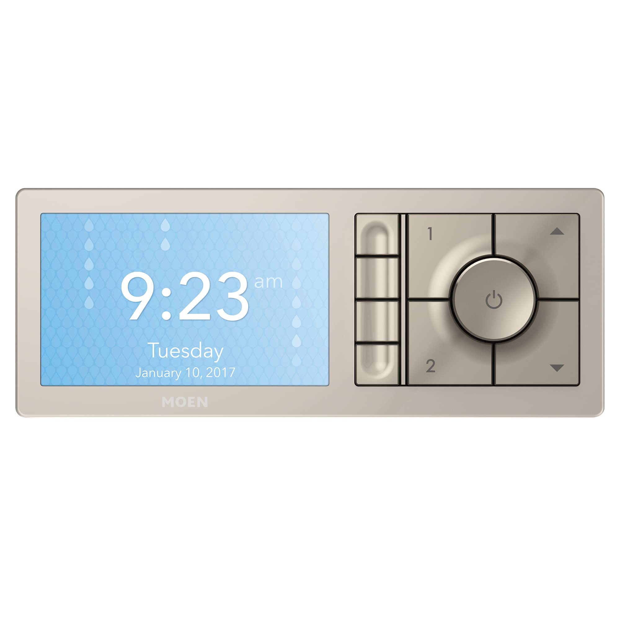 Terra beige digital shower controller with blue touchscreen display showing time and date, circular dial with power button, a