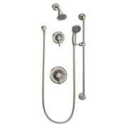 Brushed nickel 3-function diverter trim kit with two showerheads, hand shower, slide bar, and control valves.