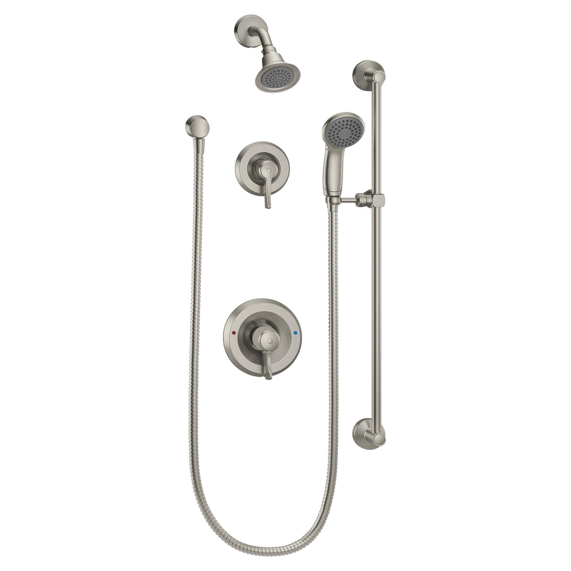 Brushed nickel 3-function diverter trim kit with two showerheads, hand shower, slide bar, and control valves.