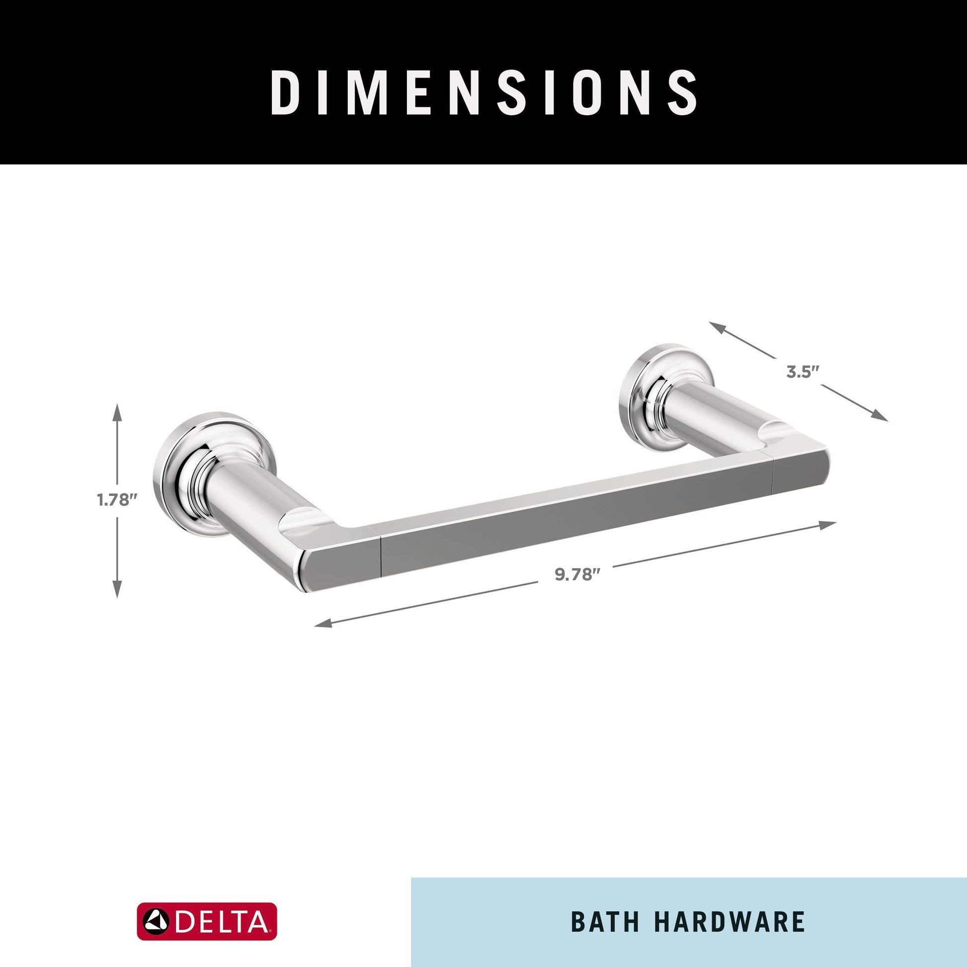Chrome towel bar with cylindrical mounting brackets, 9.78" wide and 1.78" projection from wall.