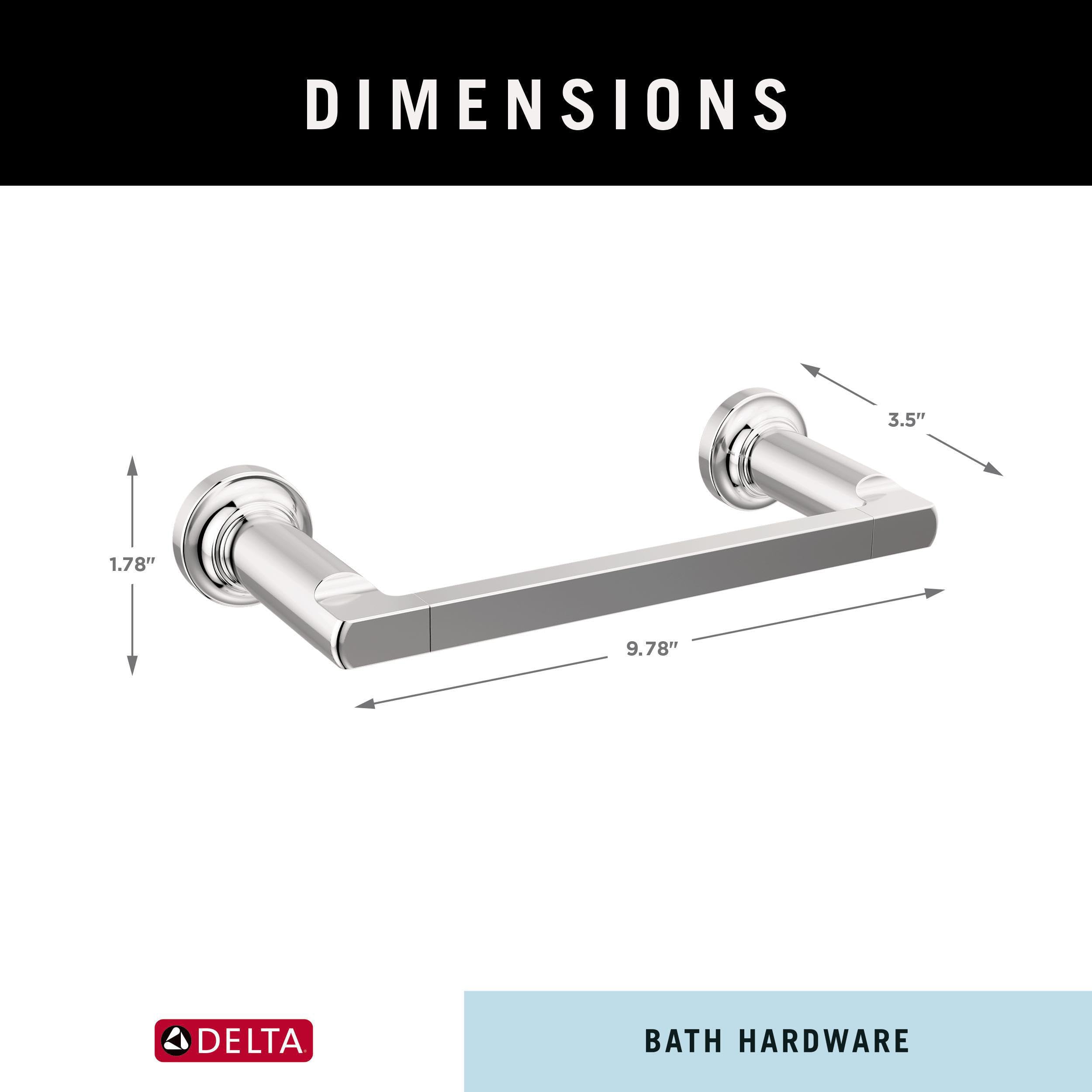 Chrome towel bar with cylindrical mounting brackets, 9.78" wide and 1.78" projection from wall.