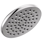 Chrome and gray round raincan shower head with multiple water jets arranged in rows.