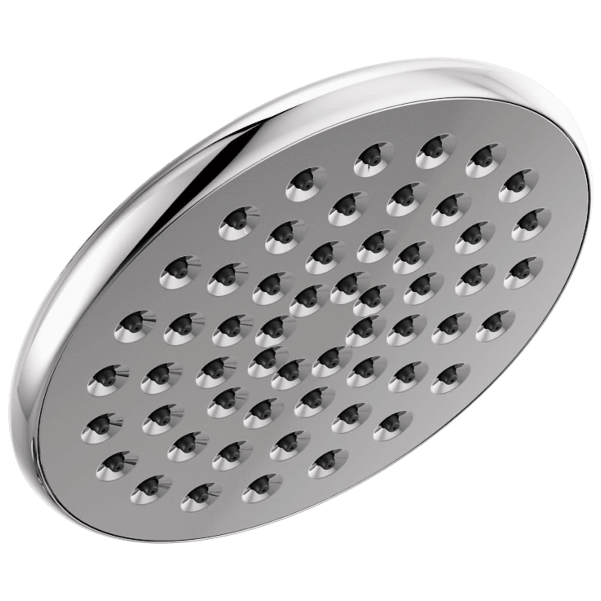 Chrome and gray round raincan shower head with multiple water jets arranged in rows.