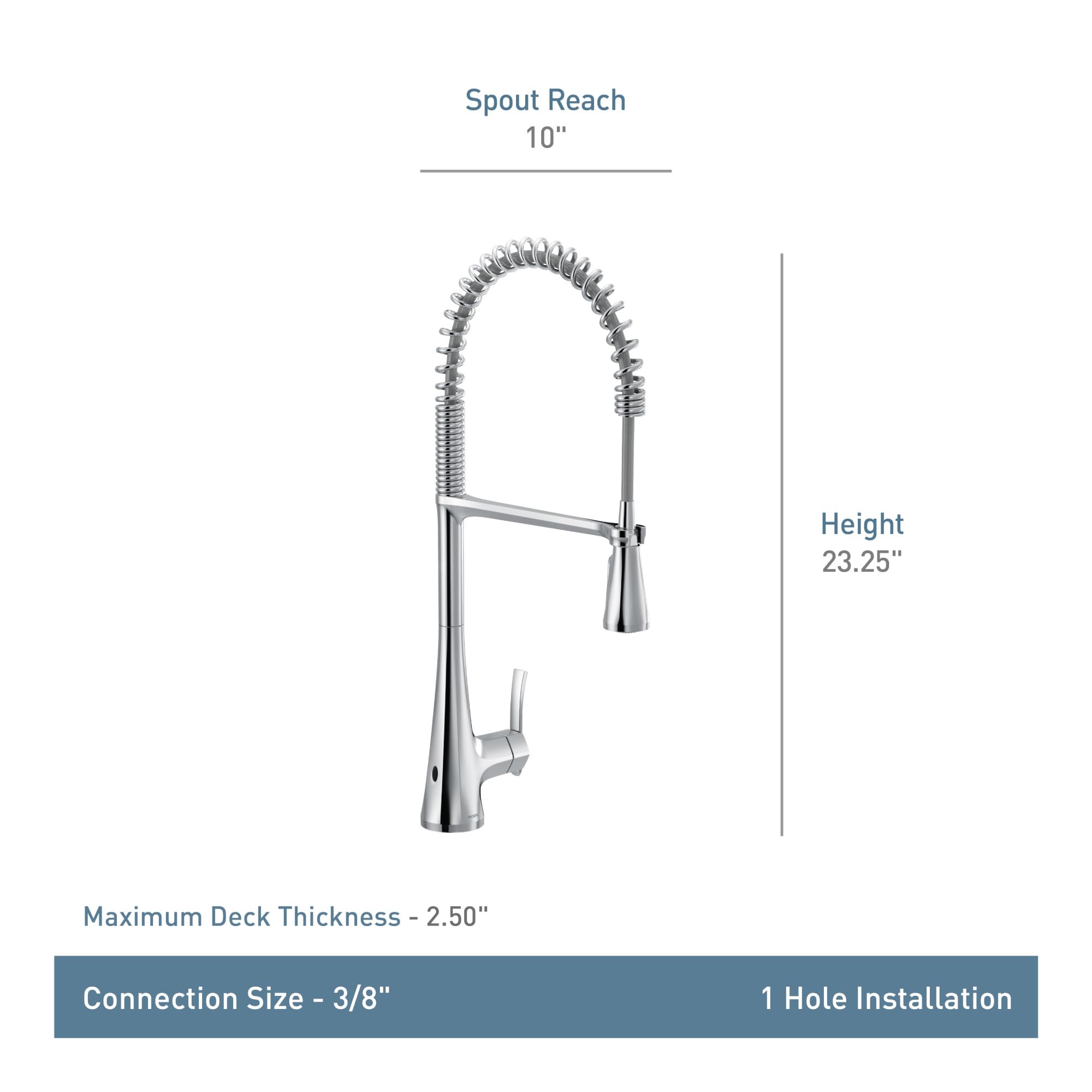 Polished nickel single-handle kitchen faucet with high-arc pulldown sprayer, 23.25" height, 10" spout reach.