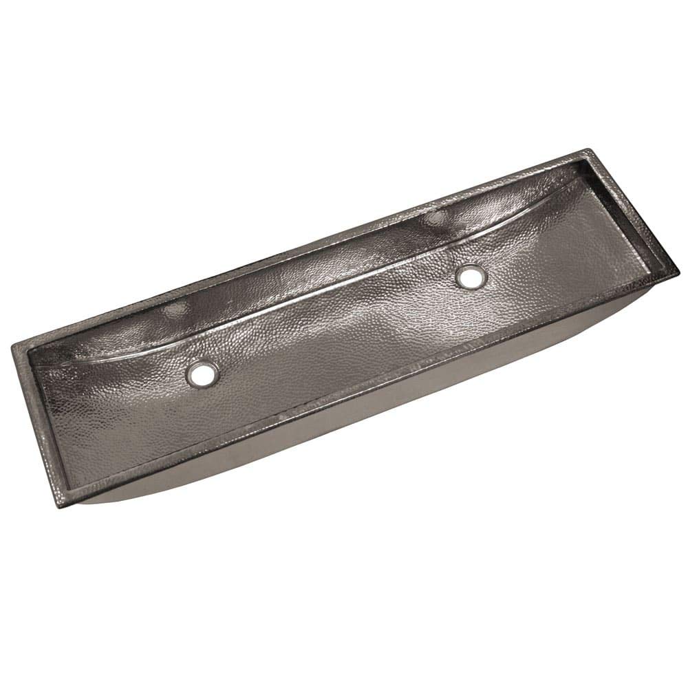 Polished nickel trough sink with hammered basin and two faucet holes.
