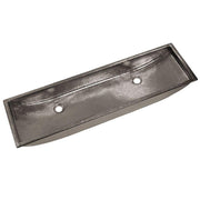 Polished nickel trough sink with hammered basin and two faucet holes.