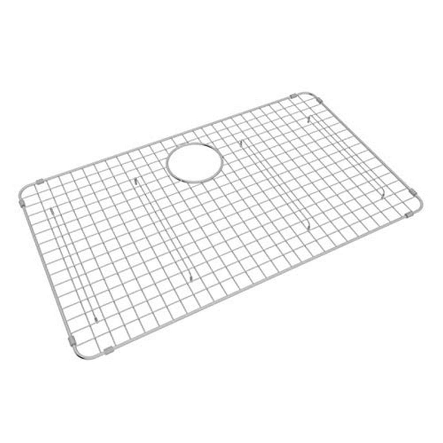 Stainless steel sink grid with square mesh pattern and center drain hole.