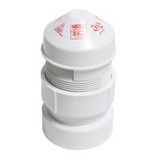 White air admittance valve with threaded PVC adapter and domed top marked with red manufacturer specifications.