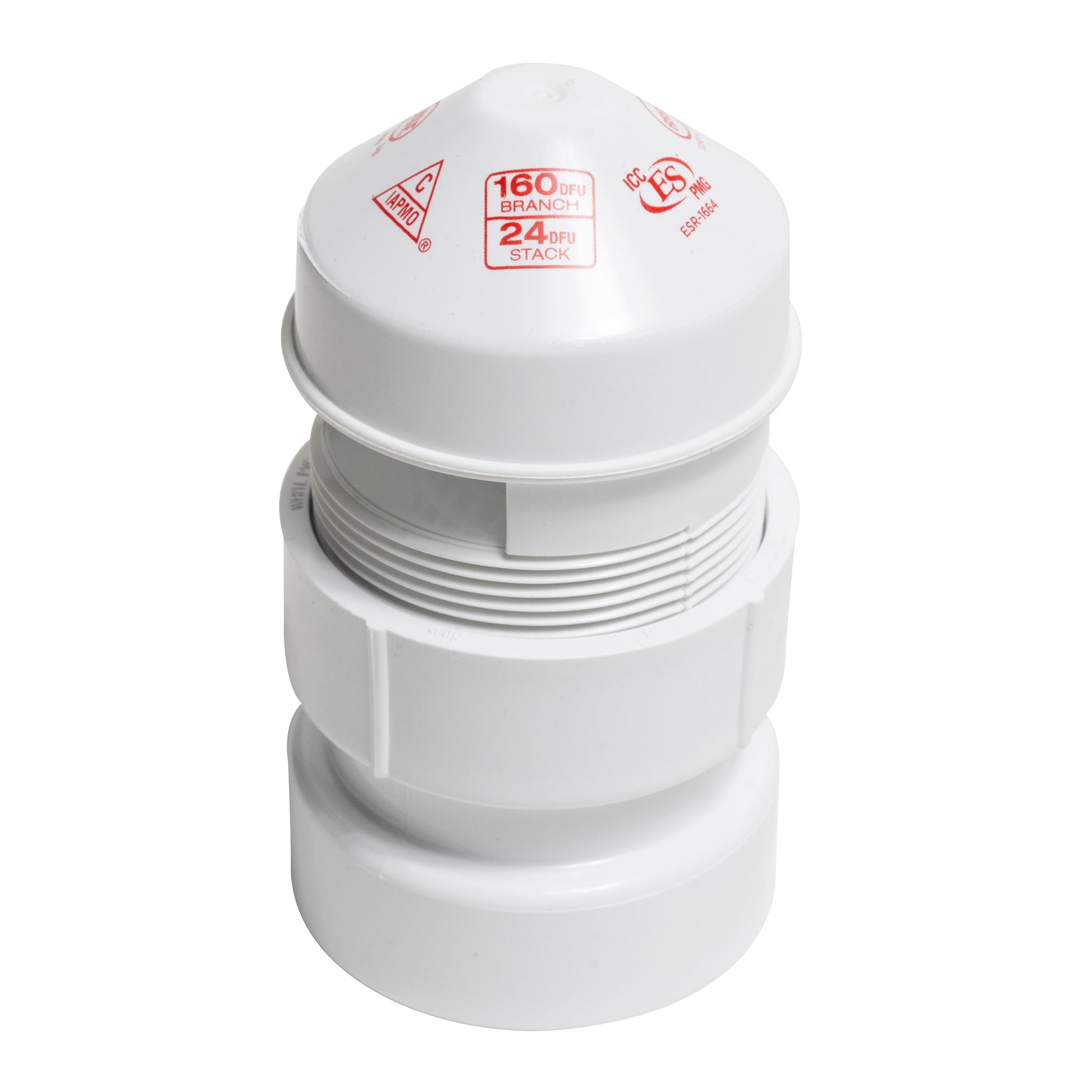 White air admittance valve with threaded PVC adapter and domed top marked with red manufacturer specifications.