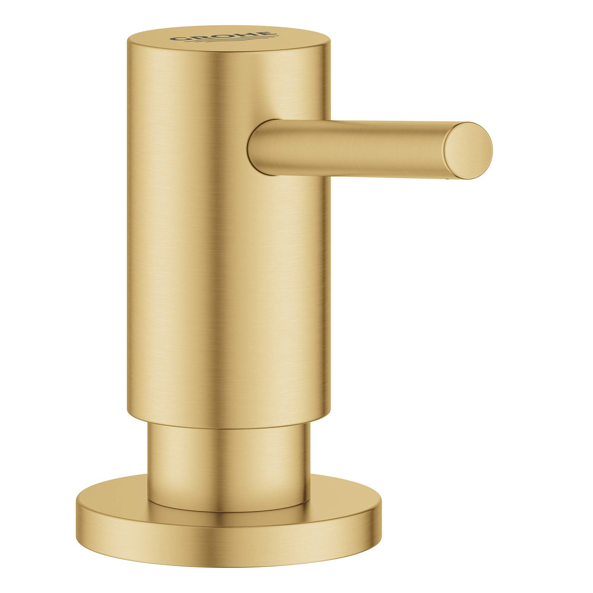 Grohe Cosmopolitan soap dispenser with brushed gold finish, cylindrical pump body, and round base with side lever.