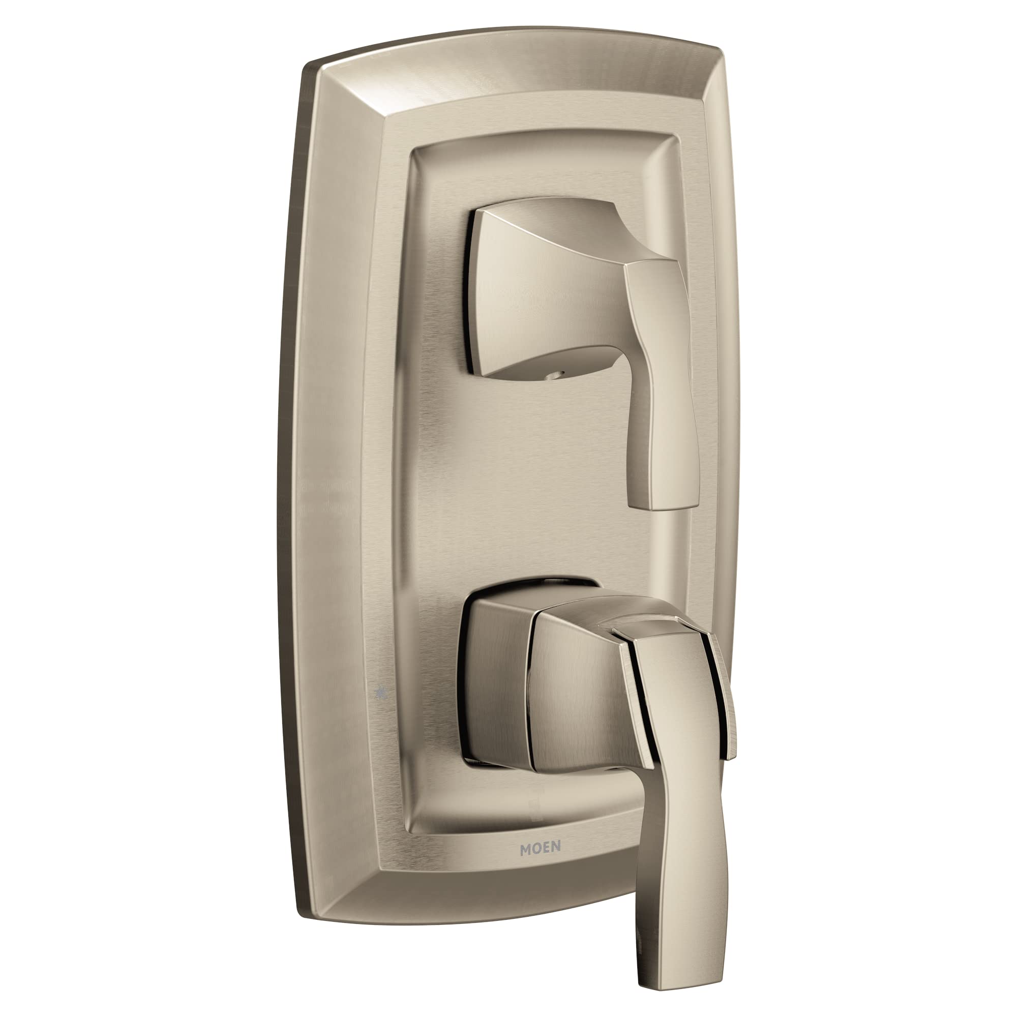 Brushed nickel shower trim valve with rectangular escutcheon plate, upper lever handle, and lower diverter control.