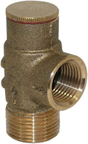 Brass pressure relief valve with 3/4 inch threaded connections and brass adjustment cap on top.