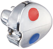 Chrome-finished spherical button with red and blue indicator dots and side-mounted lever actuator.