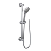 Chrome hand shower with slide bar, circular showerhead with perforations, and flexible hose connection.