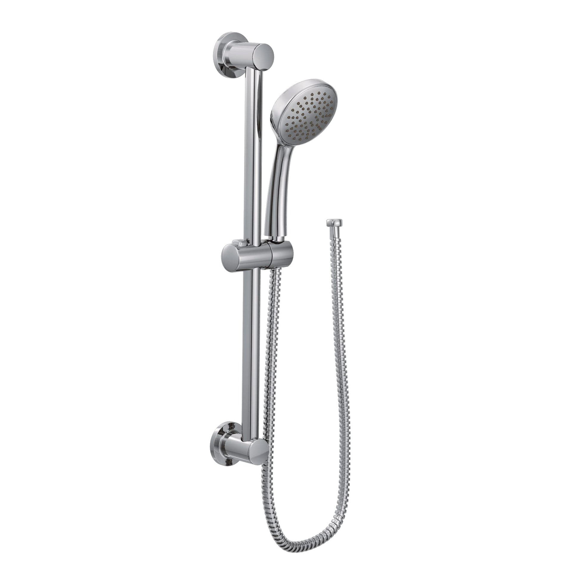 Chrome hand shower with slide bar, circular showerhead with perforations, and flexible hose connection.