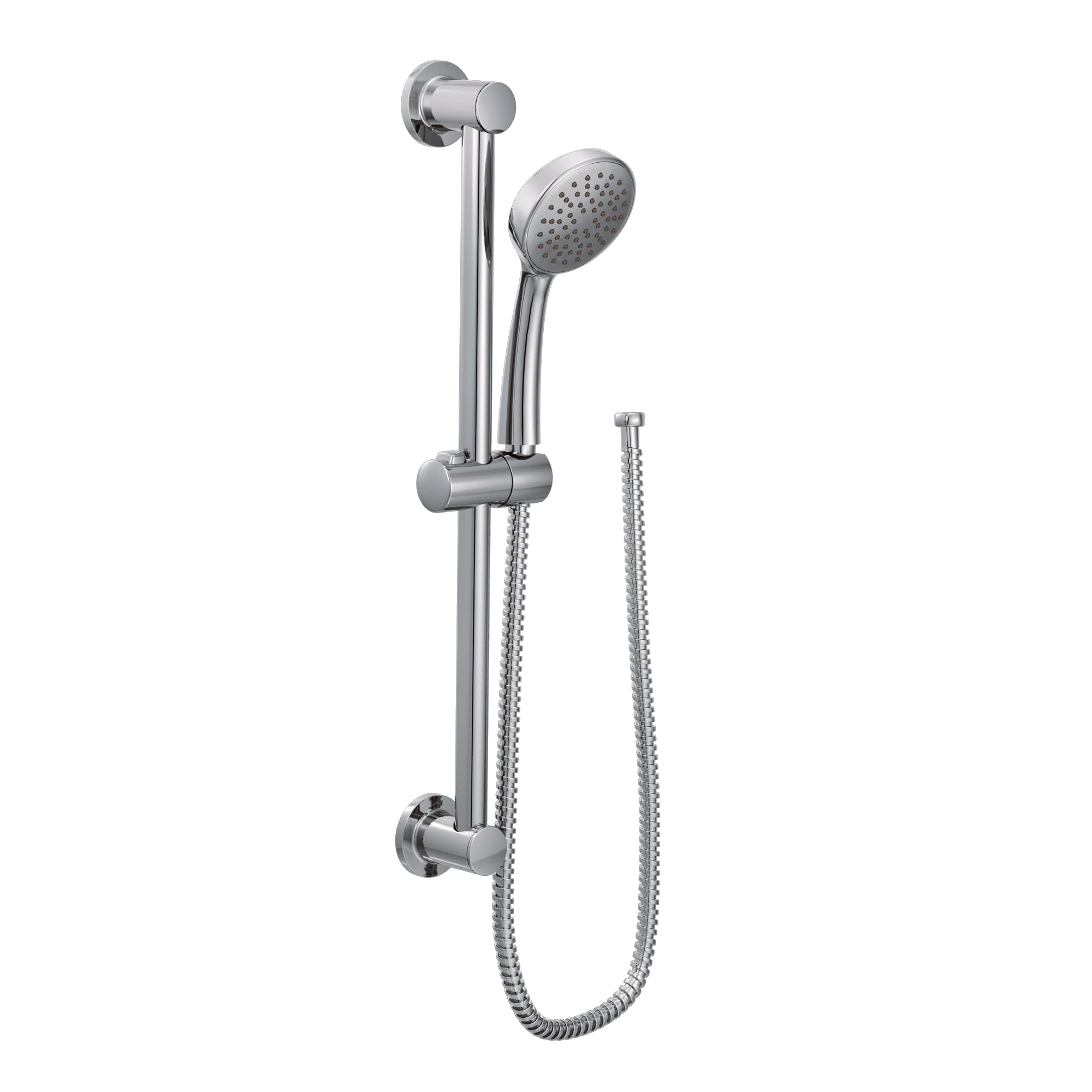 Chrome hand shower with slide bar, circular showerhead with perforations, and flexible hose connection.