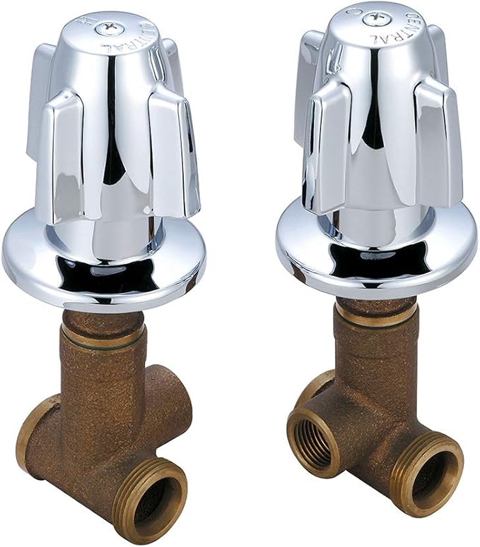 Pair of polished chrome shower corner valves with lever handles and brass inlet connections.
