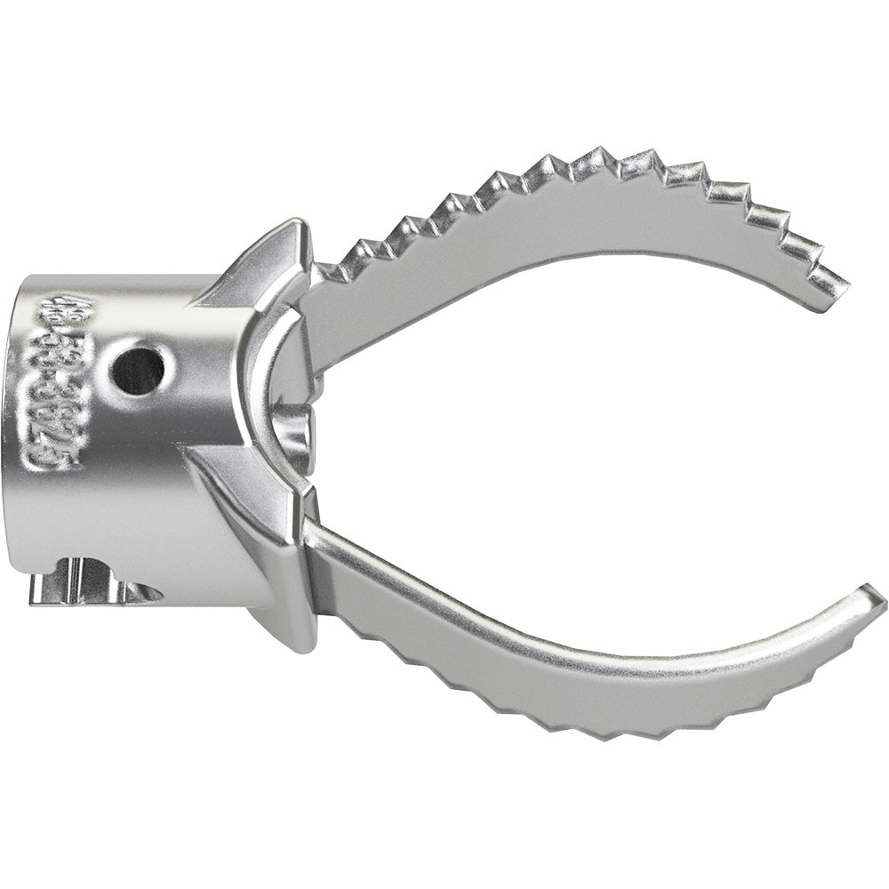 Metal root cutter head with serrated cutting blade and cylindrical attachment socket for sectional cable.