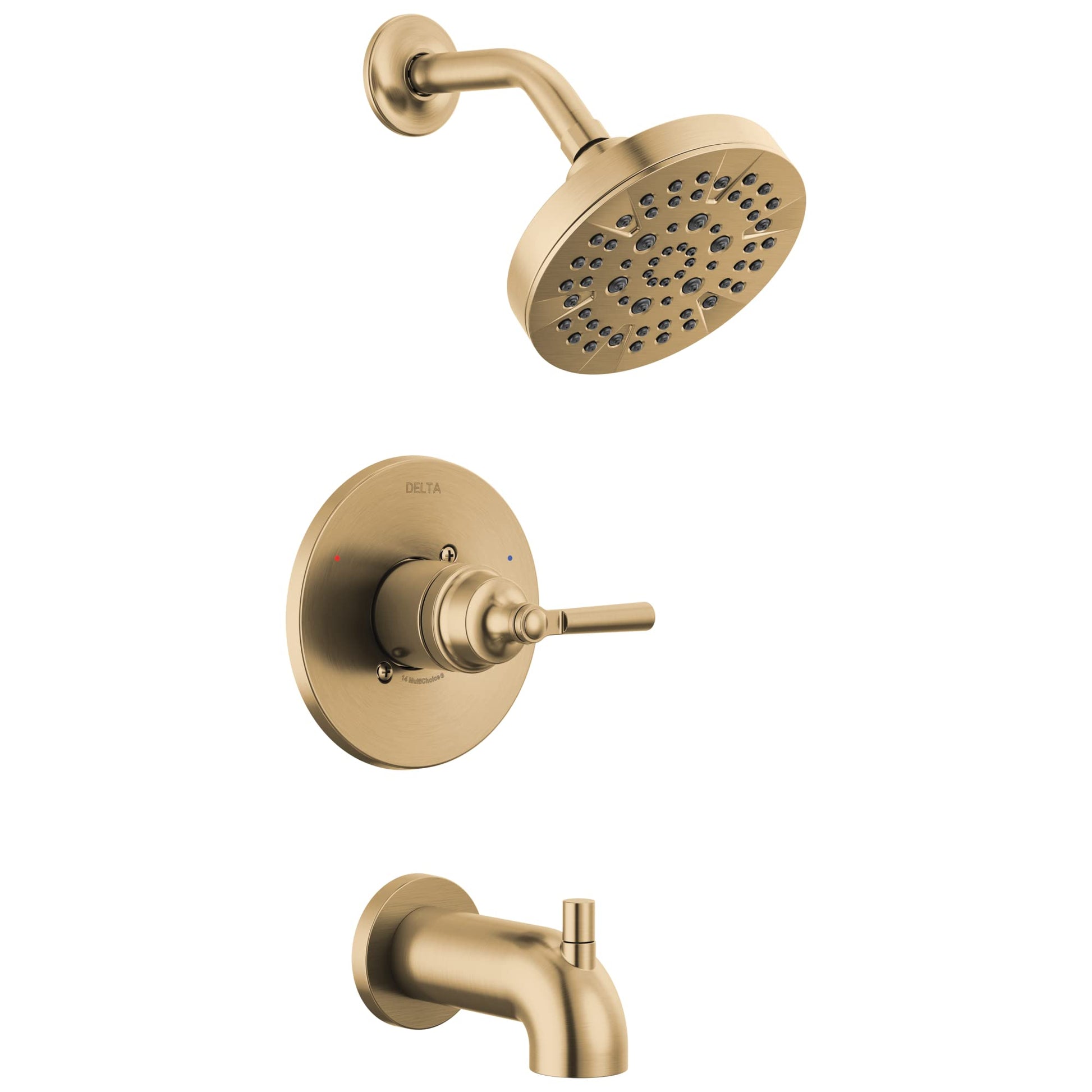 Champagne bronze tub and shower trim with round showerhead, valve trim with lever handle, and tub spout.