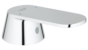 Chrome and gray lever handle with blue and red temperature indicators for Grohe faucet.