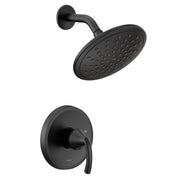 Matte black single-handle shower trim kit with round showerhead and curved arm, featuring valve control below.