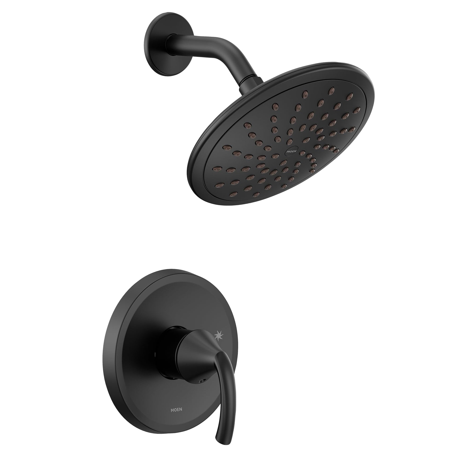 Matte black single-handle shower trim kit with round showerhead and curved arm, featuring valve control below.
