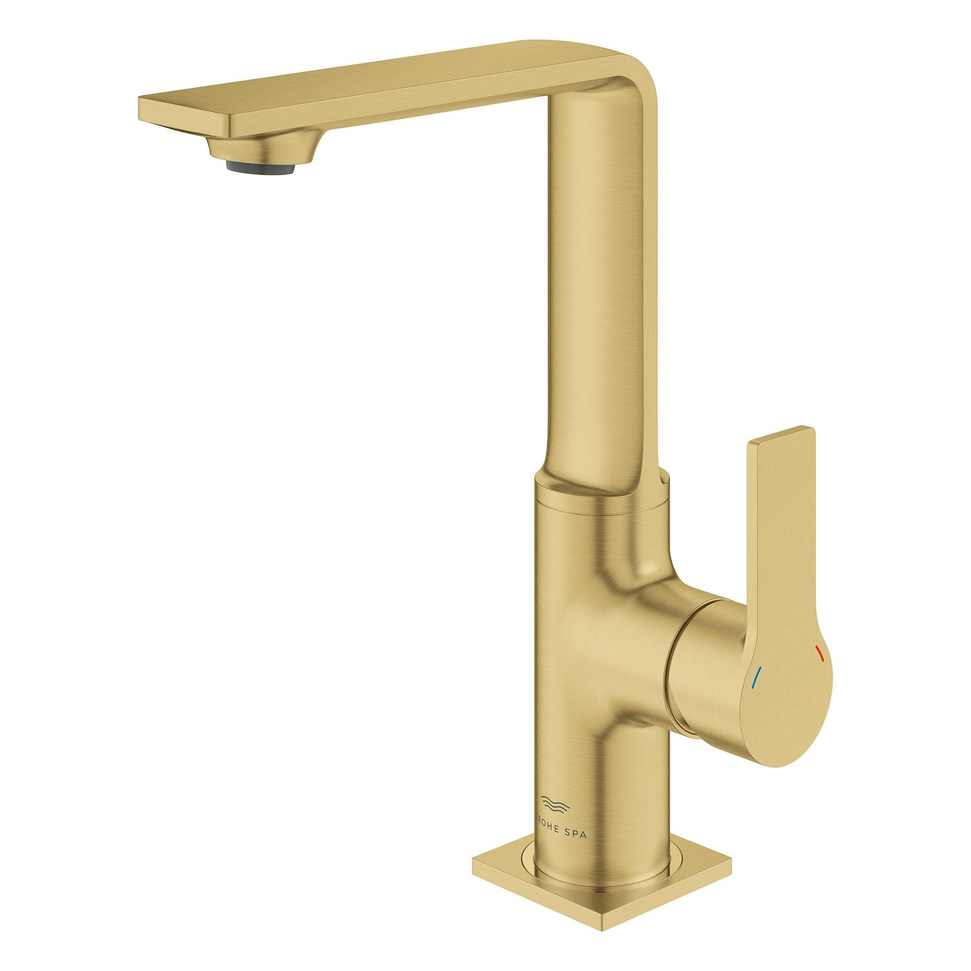 Grohe Allure single-hole bathroom faucet with tall spout, single lever handle, and brushed gold finish.