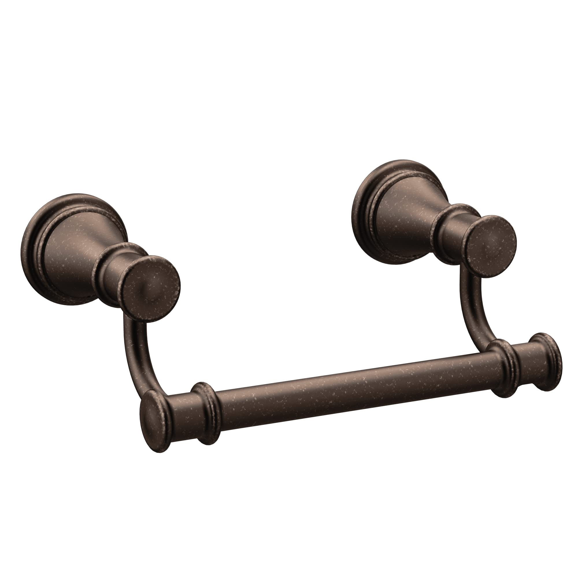 Oil-rubbed bronze toilet paper holder with wall-mounted cylindrical bar and decorative flanges.