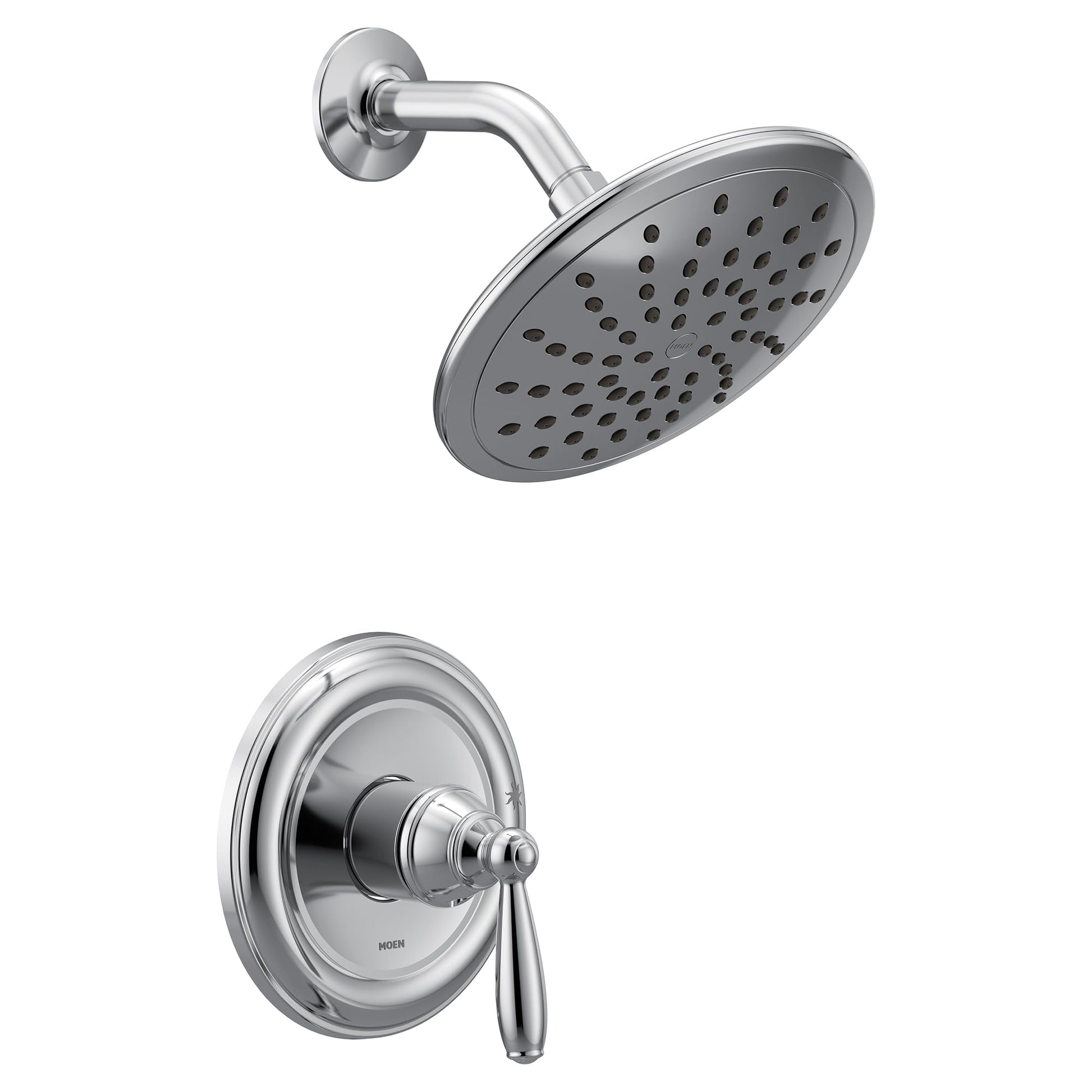 Chrome shower trim kit with single lever handle, round showerhead with perforations, and curved arm mounted on circular wall 