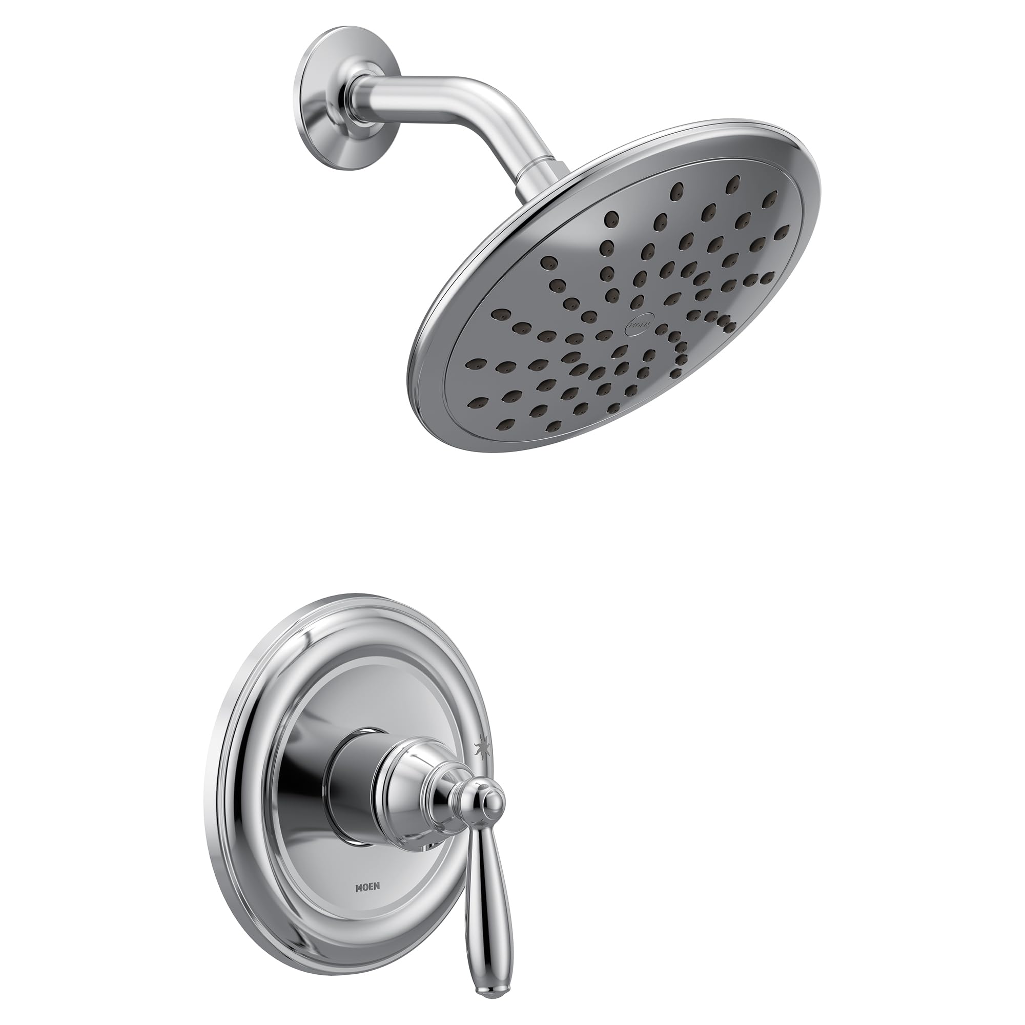 Chrome shower trim kit with single lever handle, round showerhead with perforations, and curved arm mounted on circular wall 