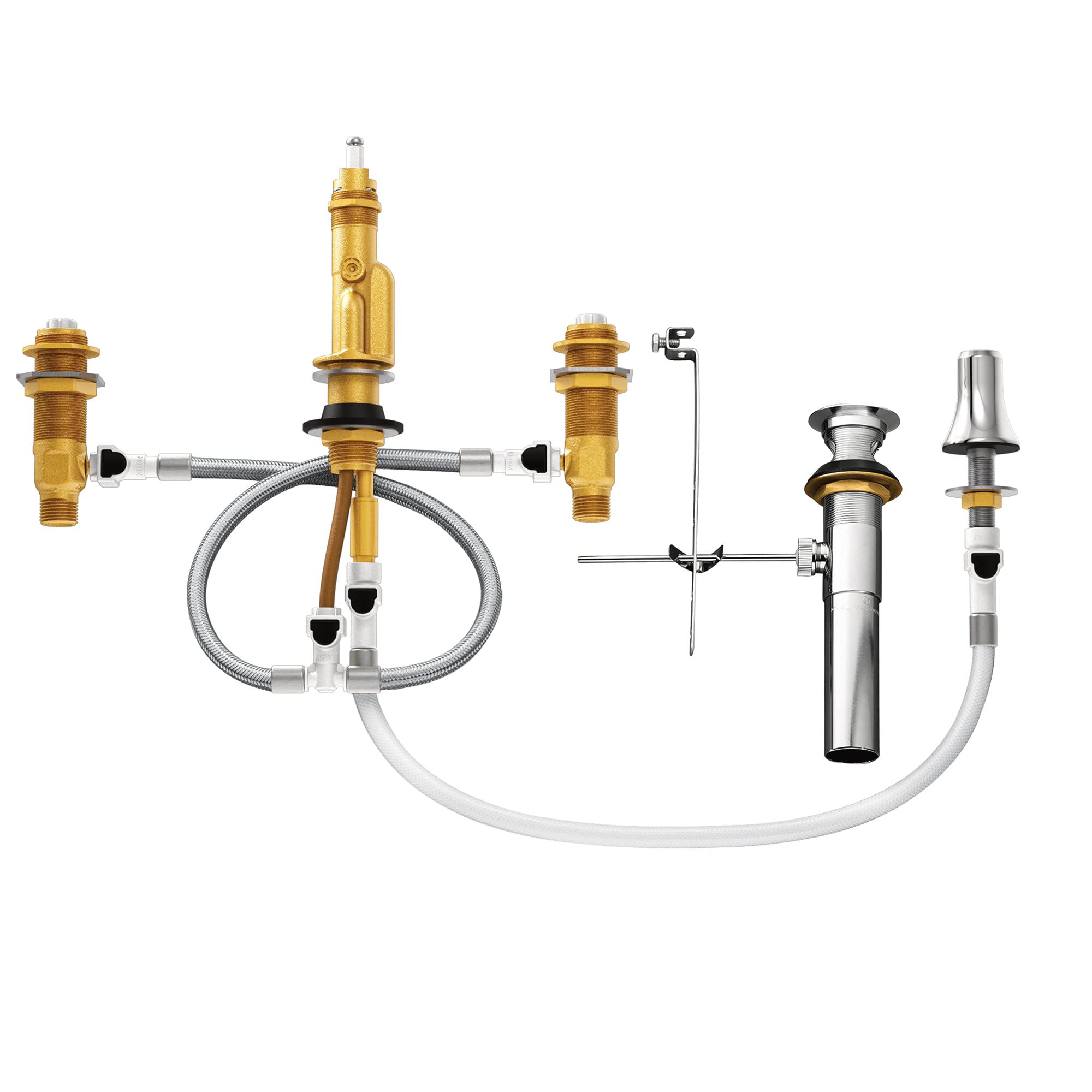 Moen M PACT bidet rough-in valve assembly with brass body, flexible hoses, and chrome drain components.