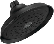 Matte black shower head with round face, multiple spray holes, and adjustable arm connection.