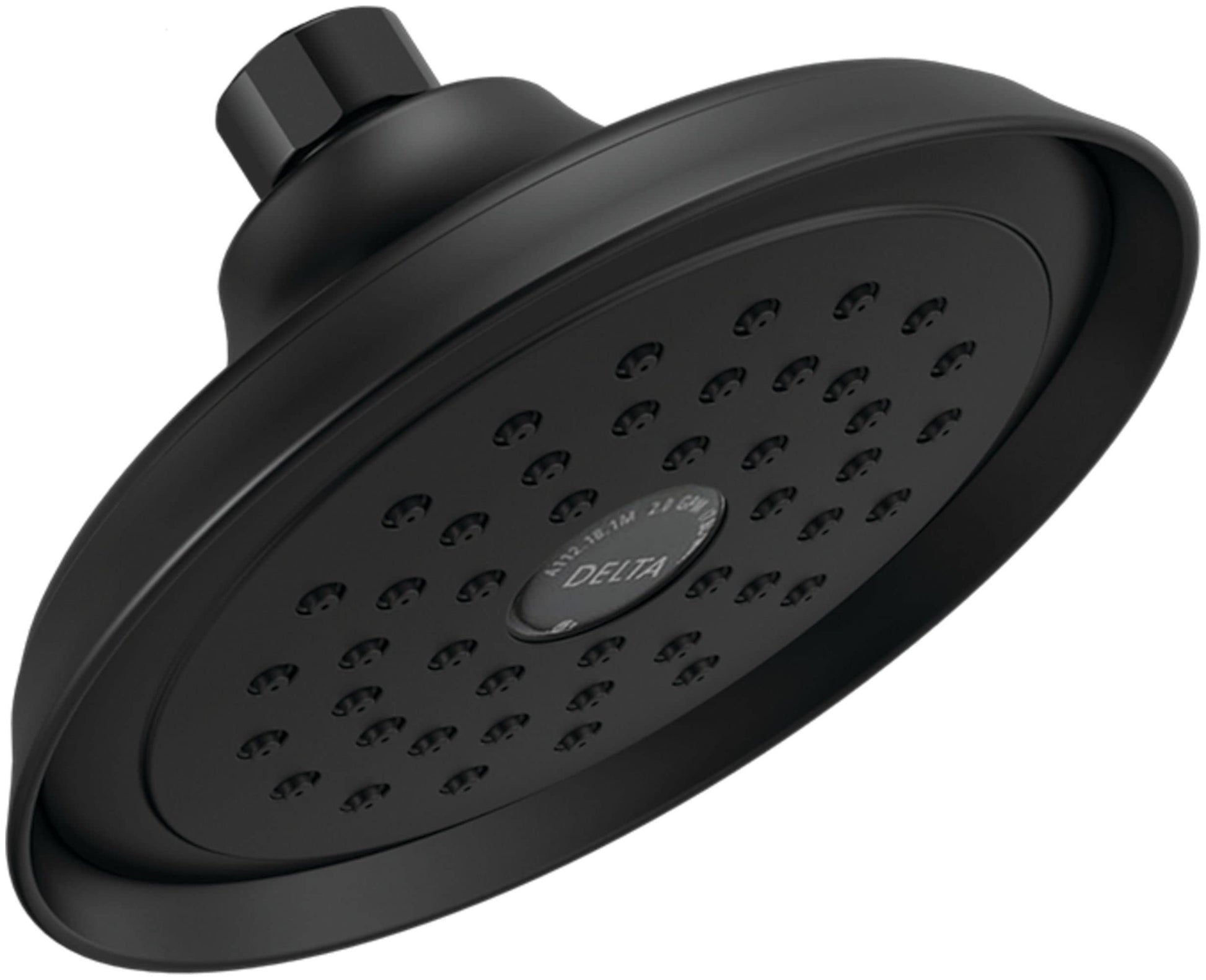 Matte black shower head with round face, multiple spray holes, and adjustable arm connection.