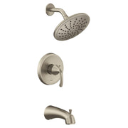 Brushed nickel tub and shower trim kit with single handle, rainfall showerhead, curved tub spout, and round wall-mounted valv