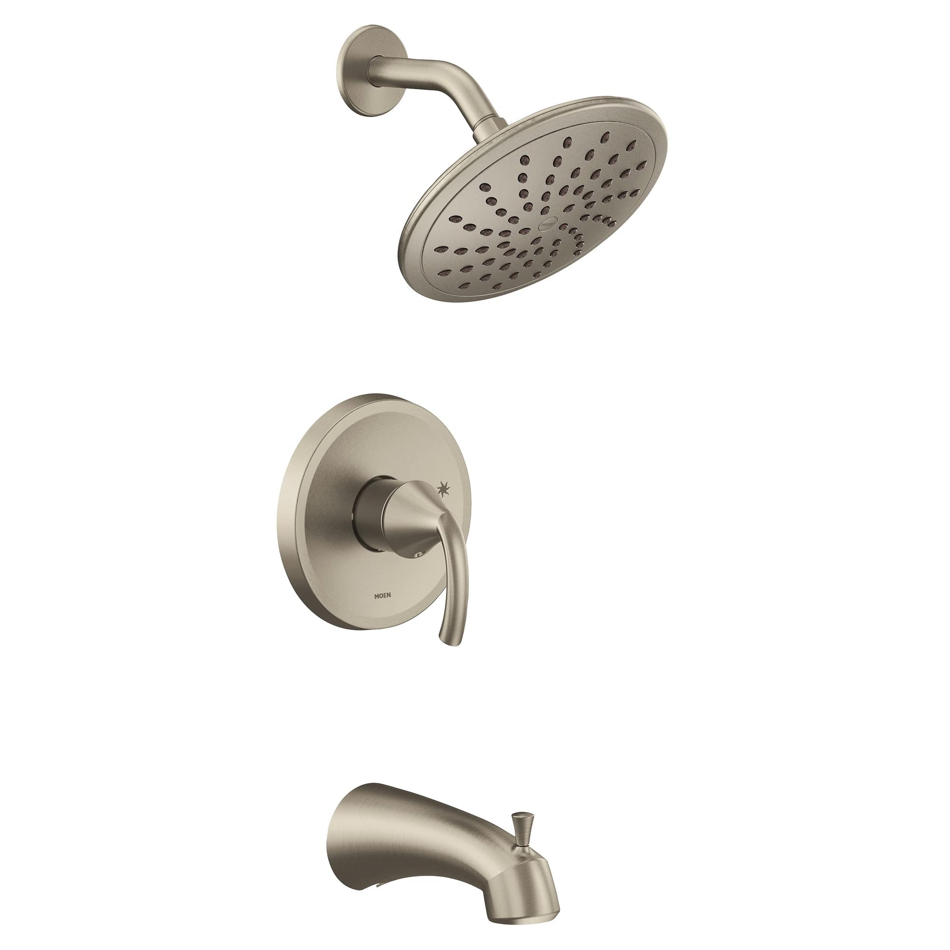 Brushed nickel tub and shower trim kit with single handle, rainfall showerhead, curved tub spout, and round wall-mounted valv