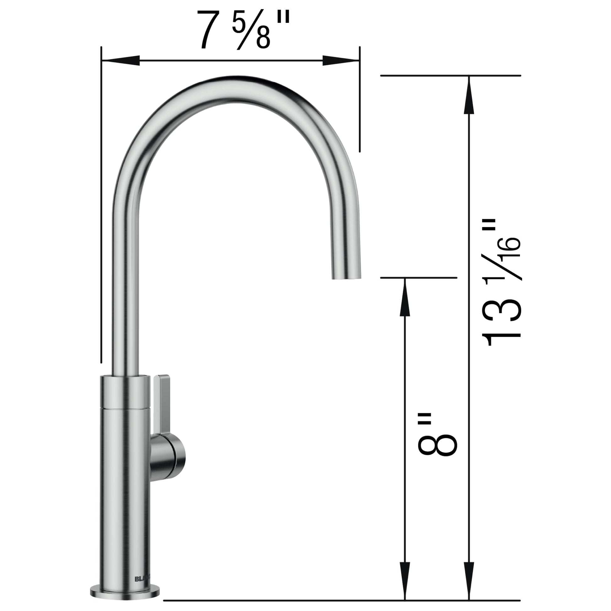 Stainless steel beverage faucet with curved spout and side lever handle, 7 5/8" width and 13 1/16" height.