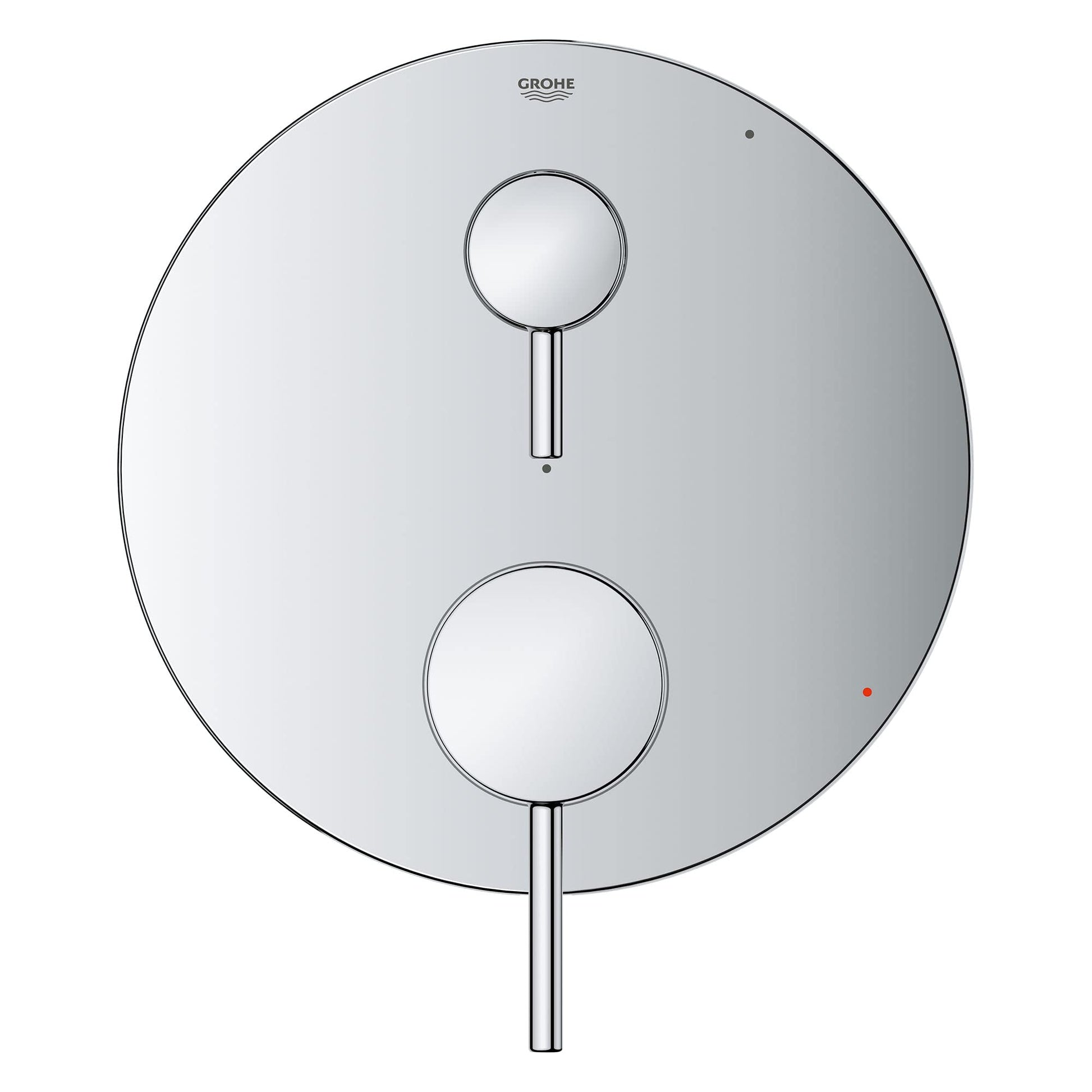 Chrome pressure balance valve trim with circular escutcheon plate, two round control knobs, and vertical diverter stem.