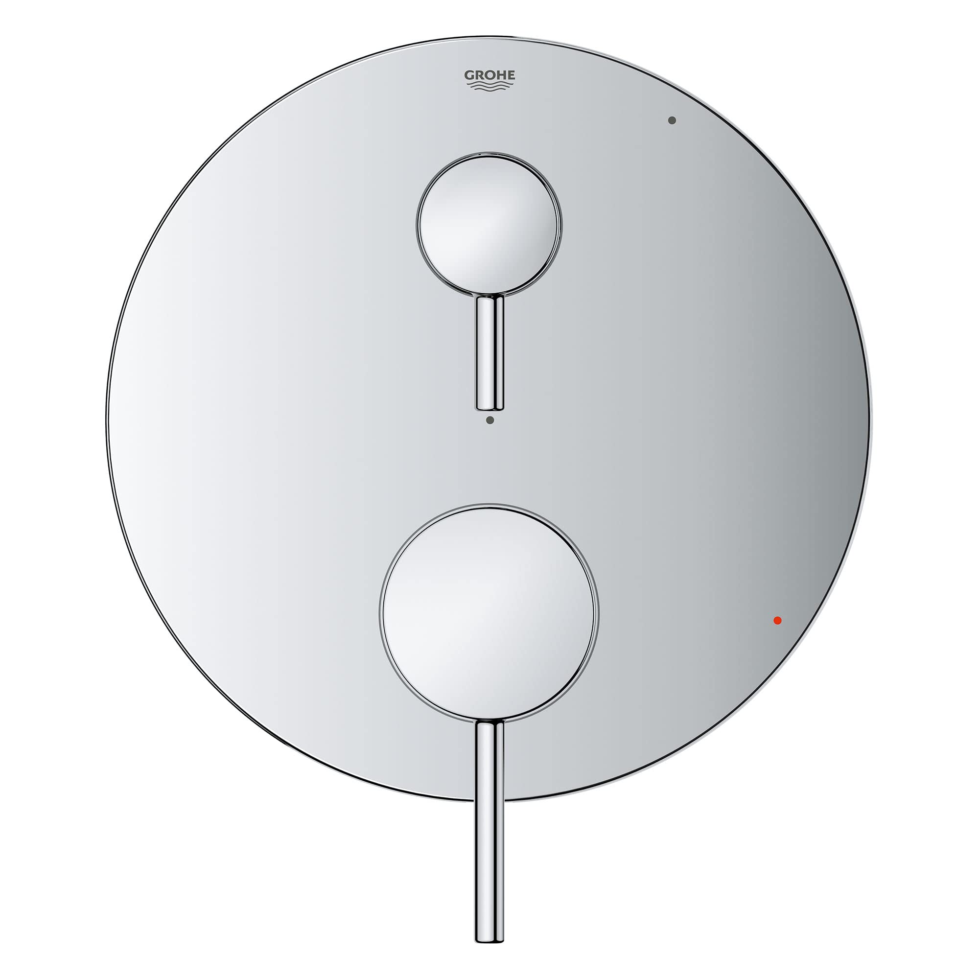 Chrome pressure balance valve trim with circular escutcheon plate, two round control knobs, and vertical diverter stem.