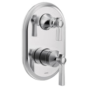 Chrome shower trim with two handles and integrated transfer valve mounted on oval escutcheon plate.