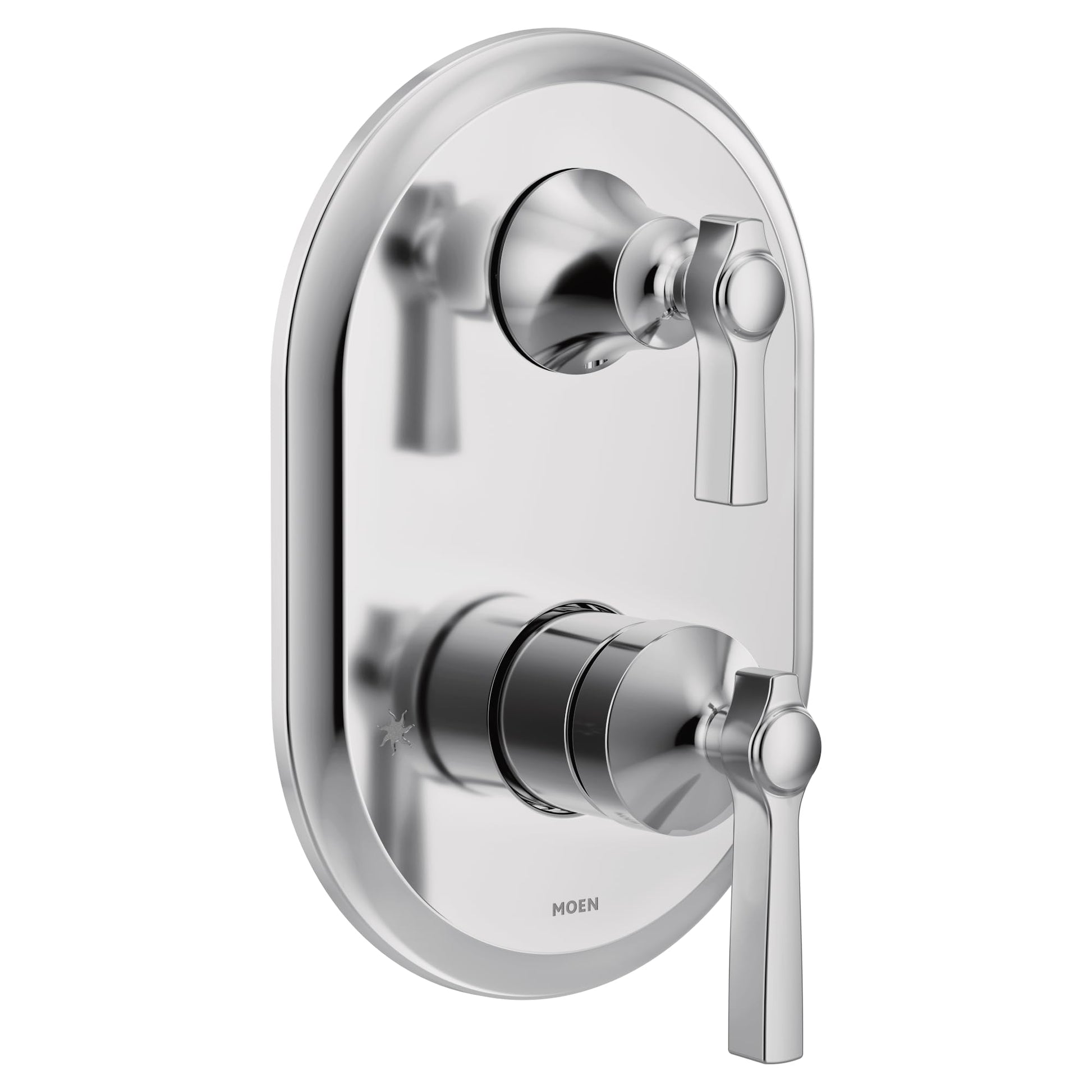 Chrome shower trim with two handles and integrated transfer valve mounted on oval escutcheon plate.
