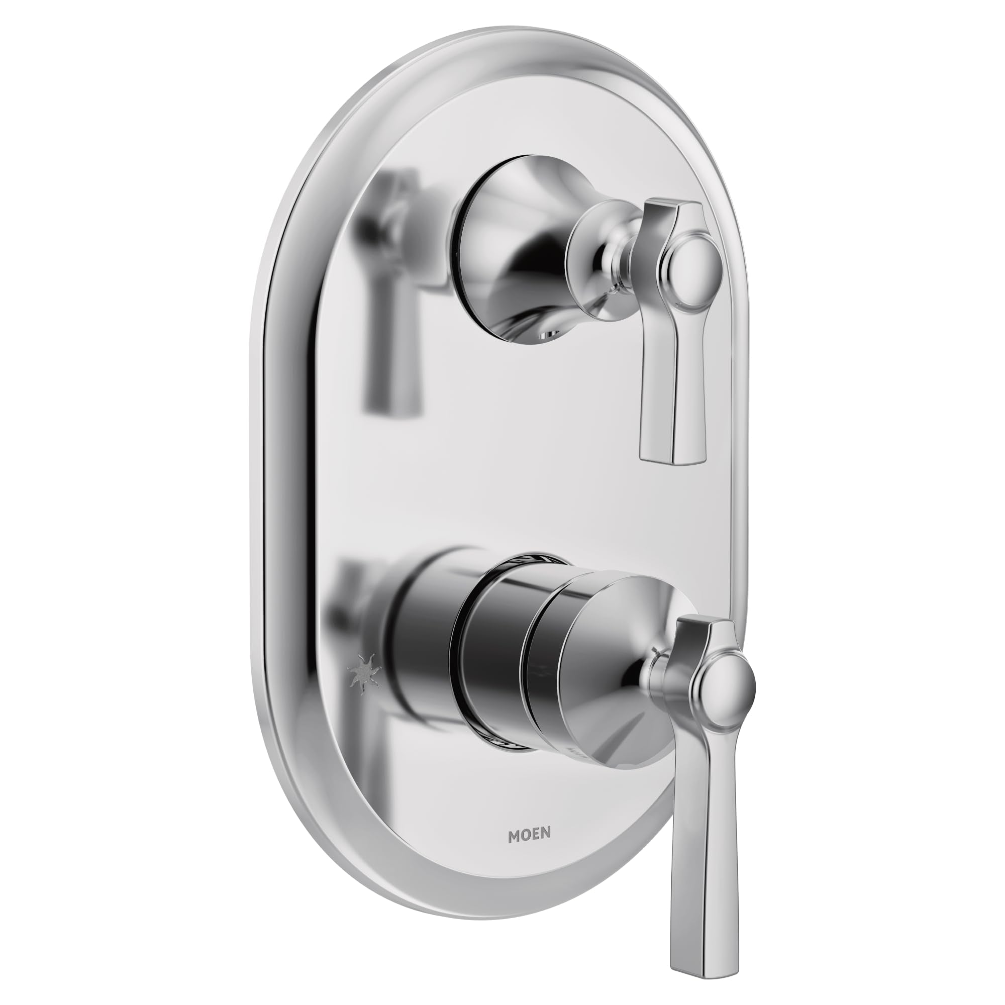 Chrome shower trim with two handles and integrated transfer valve mounted on oval escutcheon plate.