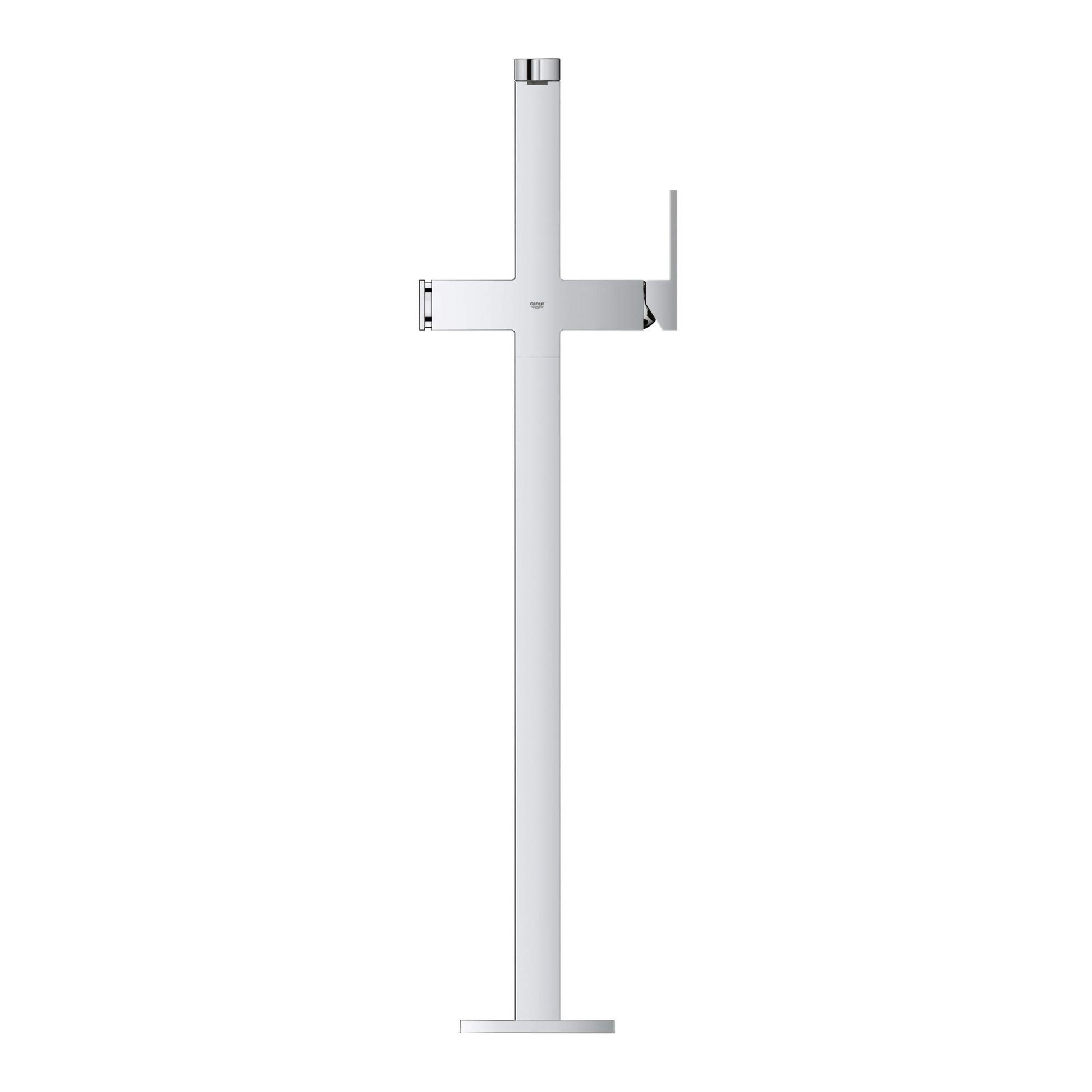Chrome freestanding tub faucet with single lever handle and handheld shower attachment on tall vertical spout.