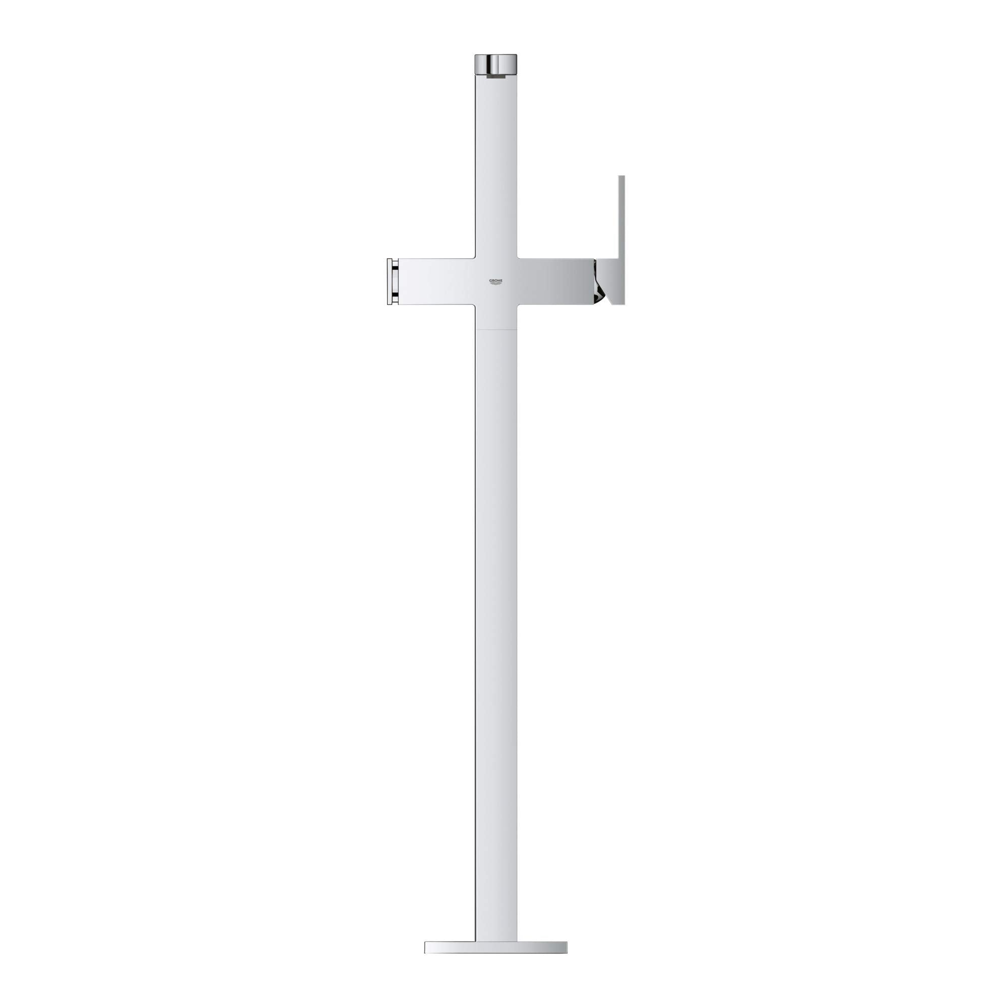 Chrome freestanding tub faucet with single lever handle and handheld shower attachment on tall vertical spout.