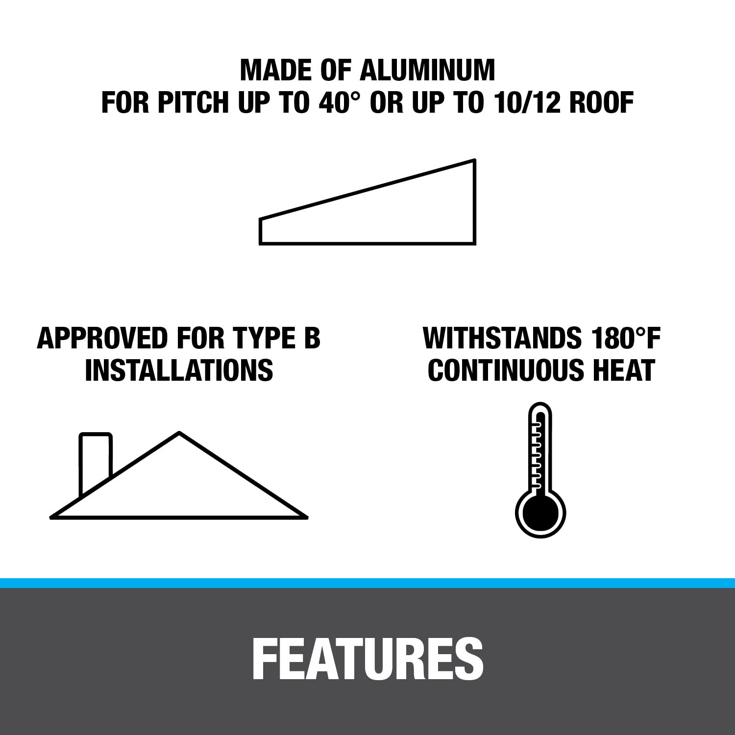 Aluminum roof flashing with angled base for pitched roofs up to 40 degrees, Type B installation approved.