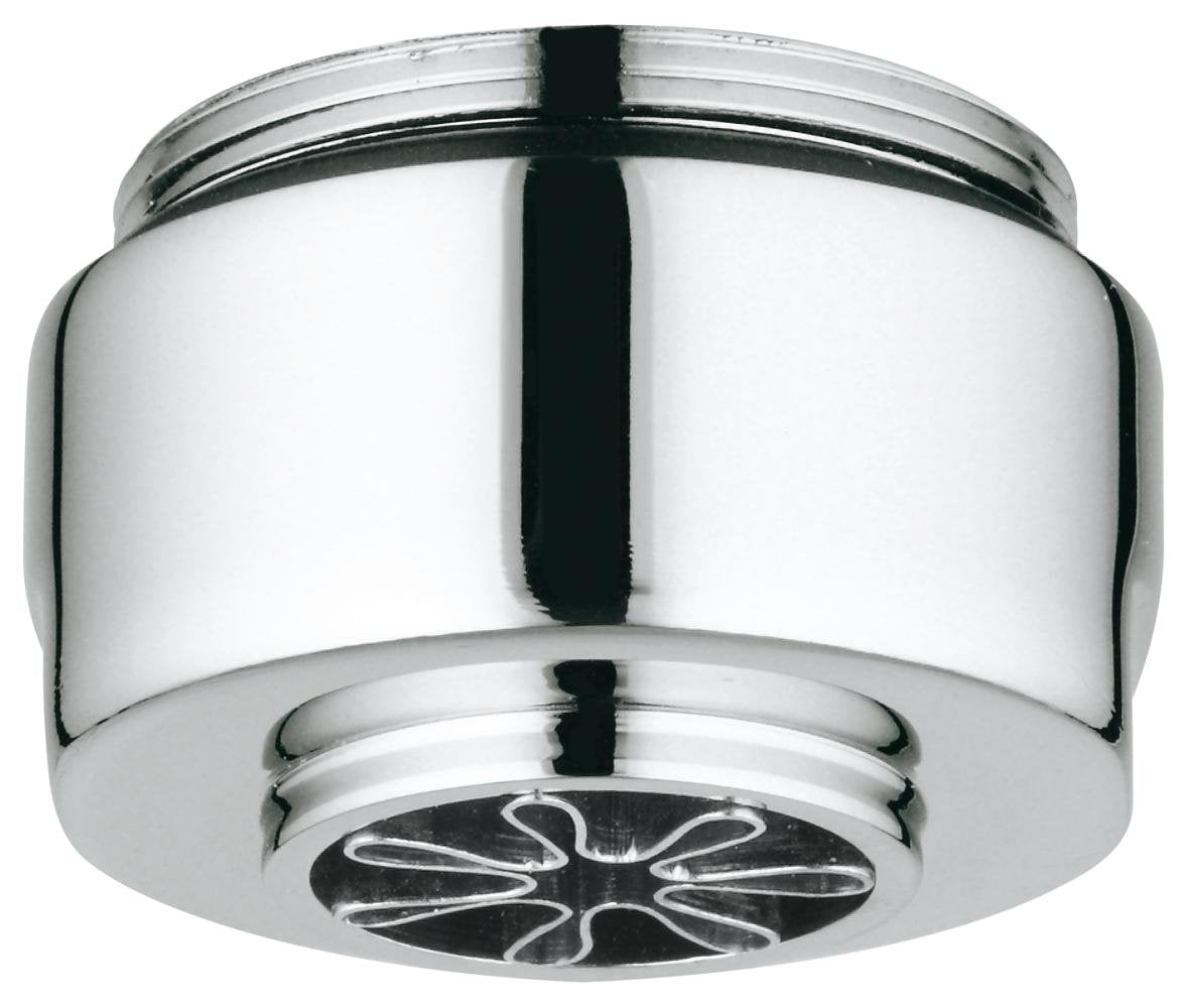 Chrome flow straightener with black internal insert and petal-pattern aerator on bottom surface.